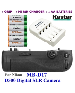 Kastar Pro Multi-Power Vertical Battery Grip (Replacement for MB-D17) + 6X AA NI-MH Batteries(2700mAh) + NI-MH Charger for Nikon D500 Digital SLR Camera