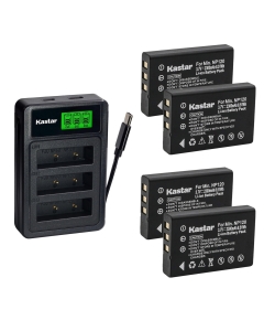 Kastar 4-Pack Battery with LZD3 USB Triple Charger Compatible with NP-120 PX1657 BP-1500S Compatible Devices, Camileo H30 X100 ORDRO HDV Series Night Vision Cameras