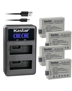 Kastar 4-Pack LP-E5 Battery and LED2 USB Charger Compatible with Canon LP-E5 LPE5 Battery, Canon LC-E5, LC-E5C, LC-E5E Charger, Canon EOS Kiss F, EOS Kiss X2, EOS Kiss X3 Camera