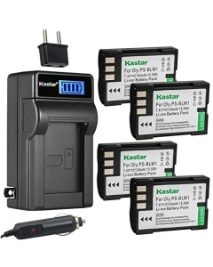 Kastar 4-Pack BLM1 BLM-1 BLM-01 Battery and LCD AC Charger Compatible with Olympus C-5060, C-5060 Wide, Camedia C-5060 Wide Zoom, C-7070, C-8080, Camedia C-8080 Wide Zoom, E-1 E1, E-3 E3 Cameras