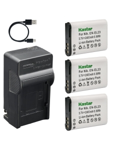 Kastar 3-Pack Battery and AC & USB-C Charger, Compatible with Nikon EN-EL23, Coolpix B700, P600, P610, P610s, P900, P900s, S810c, with MH-67 and MH-67P Charger Models