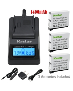 Kastar Ultra Fast Charger(3X Faster) Kit and Battery (3-Pack) for GoPro HERO4 and GoPro AHDBT-401, AHBBP-401 Sport Cameras [Over 3X Faster Than a Normal Charger with Portable USB Charge Function]