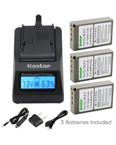 Kastar Ultra Fast Charger Kit and Battery (3-Pack) for Olympus BLS-5, PS-BLS5 and OM-D E-400 E-410 E-420 E-450 E-600 E-620 E-P1 E-P2 E-P3 E-PL1 E-PL2 E-PLE15 E-PM1 E-PM2 E-M10 E-PL6 E-PL5 Stylus 1