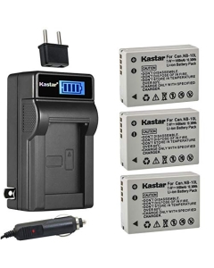 Kastar 3-Pack NB-10L Battery and LCD AC Charger Compatible with Canon NB-10L NB10L, NB-10LH NB10LH Battery, Canon CB-2LC Charger, Canon PowerShot G1 G3 G15 G16 SX40 SX50 SX60 Digital Cameras