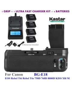 Kastar Pro Vertical Battery Grip (Replacement for BG-E18) + 4X LP-E17 Batteries + Ultra Fast Charger Kit for Canon EOS Rebel T6i, Rebel T6s, EOS 750D, EOS 760D, EOS 8000D, KISS X8i, M3 DSLR Cameras