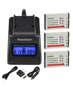 Kastar 3-Pack Battery + LCD Fast Charger Compatible with Casio NP-90 NP-90DBA Battery, BC-90L Charger, Casio Exilim EX-FH100 EX-FH100BK, Exilim EX-H10 EX-H15, Exilim EX-H20 EX-H20G EX-H20GBK EX-H20GSR