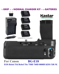 Kastar Pro Vertical Battery Grip (Replacement for BG-E18) + 4X LP-E17 Replacement Batteries + Charger Kit for Canon EOS Rebel T6i, Rebel T6s, EOS 750D, EOS 760D, EOS 8000D, KISS X8i, M3 DSLR Cameras