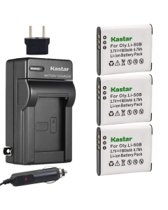 Kastar Battery (3-Pack) and Charger Kit for Olympus LI-50B, LI-50C, Pentax D-LI92, Panasonic VW-VBX090 and Olympus Stylus,Tough Series, Pentax Optio Series, Panasonic HX-WA03 WA2 WA20 WA3 WA301 Camera