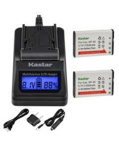 Kastar 2-Pack Battery + LCD Fast Charger Compatible with Casio NP-90 NP-90DBA Battery, BC-90L Charger, Casio Exilim EX-FH100 EX-FH100BK, Exilim EX-H10 EX-H15, Exilim EX-H20 EX-H20G EX-H20GBK EX-H20GSR