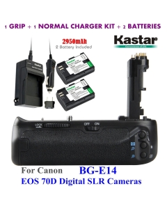 Kastar Pro Multi-Power Vertical Battery Grip (Replacement for BG-E14) + 2X LP-E6 Replacement Batteries + Charger Kit for EOS 70D Digital SLR Cameras