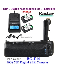 Kastar Pro Multi-Power Vertical Battery Grip (Replacement for BG-E14) + 2X LP-E6 Replacement Batteries + Ultra Fast Charger Kit for EOS 70D Digital SLR Cameras