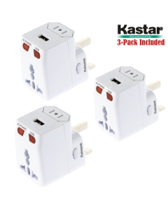 Kastar 3-Pack Safety Universal World-Wide Travel Adapter, with 1.0A USB Charging Port, All-in-one AC Power Plug for USA EU AUS UK (White Color)