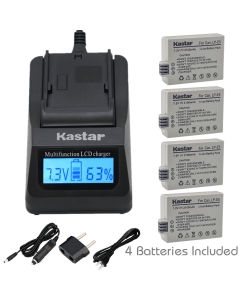 Kastar Ultra Fast Charger and Battery (4-Pack) Replacement for LP-E5, LC-E5E Work with Canon EOS 450D, 500D, 1000D, Kiss F, Kiss X2, Kiss X3, Rebel XS, Rebel XSi, Rebel T1i Digital Cameras