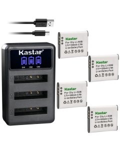 Kastar 4 Pack Battery and LCD Triple USB Charger Compatible with Pentax Optio RZ18, Megazoom X70, Optio WG-1, WG-1 GPS, Optio WG-2, WG-2 GPS, Optio WG-3, Optio WG-3 GPS, Optio WG-4, Optio WG-5 GPS
