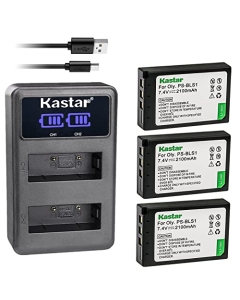 Kastar 3-Pack Battery and LED2 USB Charger Compatible with Olympus BLS-1 PS-BLS1 Battery, BCS-1 PS-BCS1 Charger, E-400 E-410 E-420 E-450 E-600 E-620 E-P1 E-P2 E-P3 E-PL1 E-PL1s E-PL3 E-PM1 Camera