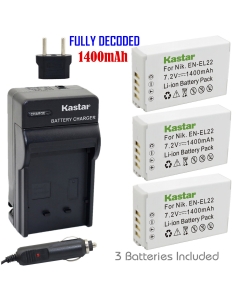 Kastar Battery (3-Pack) and Charger Kit for Nik EN-EL22, MH-29 Work with Nik 1 J4, Nik 1 S2 Cameras