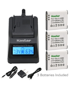 Kastar Fast Charger and Battery (3-Pack) for Olympus LI-50B, LI-50C and Olympus Tough 6000 Tough 6010 Tough 8000 Tough 8010 D-750 D-755 D-760 Traveller SH-21 Traveller SH-25MR SP-720UZ SP-800