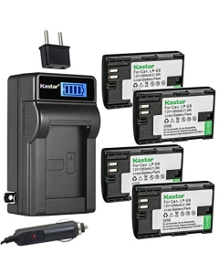 Kastar 4-Pack LP-E6 Battery and LCD AC Charger Compatible with Canon EOS 5DS, EOS 5DS R, EOS 5D Mark II, EOS 5D Mark III, EOS 5D Mark IV, EOS 6D, EOS 6D Mark II, EOS 7D, EOS 7D SV, EOS 7D Mark II