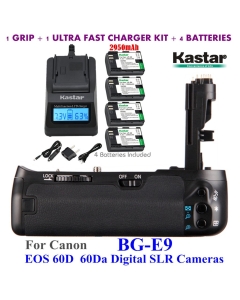 Kastar Pro Multi-Power Vertical Battery Grip (Replacement for BG-E9) + 4X LP-E6 Replacement Batteries + Ultra Fast Charger Kit for EOS 60D 60Da Digital SLR Cameras