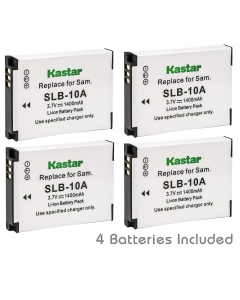 Kastar Battery 4-Pack for Samsung SLB-10A JVC BN-VH105 and Samsung ES50 ES55 ES60 EX2F HMX-U10 HMX-U20 HZ10W HZ15W IT100 L100 L110 WB1000 WB1100F WB2100 JVC GC-XA1 ADIXXION GC-XA2 ADIXXION Cameras