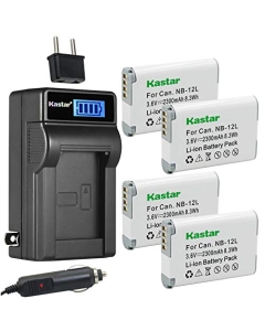 Kastar 4-Pack NB-12L Battery and LCD AC Charger Compatible with Canon NB-12L NB12L Battery, Canon CB-2LG, CB-2LGE Charger, Canon PowerShot G1 X Mark II, PowerShot N100, VIXIA Mini X (LEGRIA Mini X)
