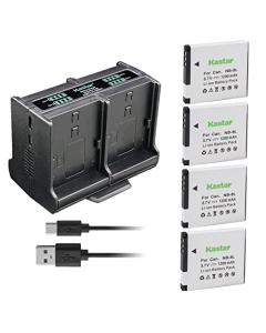 Kastar 4-Pack Battery and Quadruple Charger Compatible with Canon NB-8L NB8L, NB-8LH NB8LH Battery, Canon CB-2LA, CB-2LAE Charger