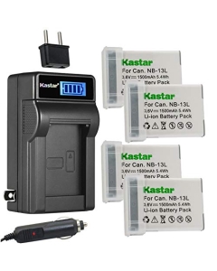 Kastar 4-Pack NB-13L Battery and LCD AC Charger Compatible with Canon G1 X Mark III, PowerShot G5 X, PowerShot G5 X II, PowerShot G7 X, PowerShot G7 X Mark II, PowerShot G7 X Mark III Digital Camera