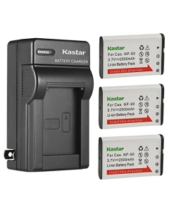Kastar 3-Pack Battery and AC Wall Charger Replacement for Casio NP-90 NP-90DBA BC-90L, Casio Exilim EX-FH100, EX-FH100BK, Exilim EX-H10, Exilim EX-H15, Exilim EX-H20, EX-H20G, EX-H20GBK, EX-H20GSR