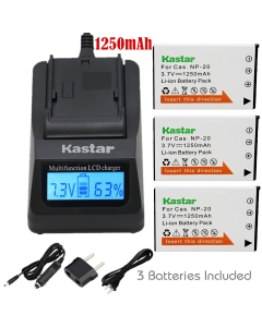 Kastar Charger + Battery 3-Pack for Cas NP20 Exilim EX-M1 EX-M2 EX-M20 EX-S1 EX-S2 EX-S3 EX-S20 EX-S500 EX-S600 EX-S880 EX-Z3 EX-Z4 EX-Z5 EX-Z6 EX-Z7 EX-Z8 EX-Z11 EX-Z60 EX-Z65 EX-Z70 EX-Z75 EX-Z77