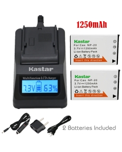 Kastar Charger + Battery 2-Pack for Cas NP20 Exilim EX-M1 EX-M2 EX-M20 EX-S1 EX-S2 EX-S3 EX-S20 EX-S500 EX-S600 EX-S880 EX-Z3 EX-Z4 EX-Z5 EX-Z6 EX-Z7 EX-Z8 EX-Z11 EX-Z60 EX-Z65 EX-Z70 EX-Z75 EX-Z77