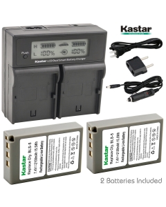 Kastar LCD Dual Fast Charger & 2 x Battery for Olympus BLS-5 PS-BLS5 Olympus OM-D E-400 E-410 E-420 E-450 E-600 E-620 E-P1 E-P2 E-P3 E-PL1 E-PL2 E-PLE15 E-PM1 E-PM2 E-M10 E-PL6 E-PL5 Stylus 1 Camera