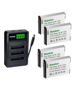 Kastar 4-Pack Battery with LZD3 Triple Charger Compatible with Samsung SLB-10A JVC BN-VH105 Sealife SLB10A Toshiba PA5081 BenQ DLI-301 Zoom BT-02, Samsung WB700 WB800F WB850F, JVC GC-XA2, Zoom Q4 Q4n