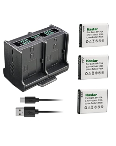 Kastar 3-Pack BP-70A Battery and Quadruple Charger Compatible with Samsung ES78, ES80, ES81, ES90, ES91, ES95, ES96, ES99, MV800, PL100, PL101, PL120, PL121, PL170, PL171, PL20, PL200, PL201 Camera