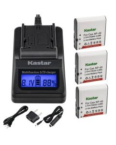 Kastar Charger and Battery 3-Pack for Cas NP-40, NP-40DBA, NP-40DCA Exilim EX-Z400, EX-FC100, EX-FC150, EX-FC160S, Pro EX-P505, EX-P600, EX-P700, Zoom EX-Z100, EX-Z1000, EX-Z1050, EX-Z1080, EX-Z1200