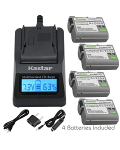 Kastar 4 Pack Battery and LCD Fast Charger with Car Adapter & USB Output Compatible with Nikon EN-EL15 EN-EL15a Battery, MH-25 MH-25a Charger, Nikon 1 V1 Nikon D500 Nikon D810 Nikon Z6 Nikon Z7