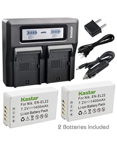 Kastar Fast Dual LCD Charger + 2X Battery for Nikon EN-EL22 ENEL22 EL22 and Nikon 1 J4, Nikon 1J4, Nikon 1 S2, Nikon 1S2 Digital Cmaeras