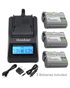 Kastar 3 Pack Battery and LCD Fast Charger with Car Adapter & USB Output Compatible with Nikon EN-EL15a Battery MH-25 Charger, Nikon 1 V1 Nikon D500 Nikon D600 Nikon D610 Nikon D750 Nikon D800