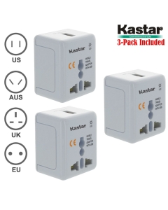Kastar 3-Pack Safety and Ultra Small Size Universal World-Wide Travel Adapter, with 1000mA USB Charging Port, All-in-one AC Power Plug for USA EU AUS UK (White Color)