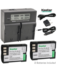 Kastar LCD Dual Fast Charger & 2 x Battery for Olympus BLM-1, BLM-01, PS-BLM1 and Olympus C-5060, C-7070, C-8080, E-1, E-3, E-30, E-520, EVOLT E-300, E-330, E-500, E-510 Camera