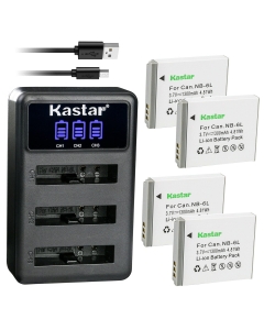 Kastar 4 Pack Battery and LCD Triple USB Charger Compatible with Canon NB-6L NB6L, NB-6LH NB6LH Battery, Canon CB-2LY Charger, Canon IXY Digital 25 is, Digital IXUS 200 is, Digital IXUS 210 Camera