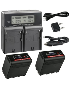 Kastar 2-Pack NP-F980EXP Battery and CH04 Dual Fast Charger Compatible with SWIT CM-S75C CM-S75F Teradek Wave Smart Streaming Monitor/Encoder Vaxis Storm 072 Field Monitor On-Camera Monitor