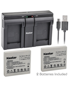 Kastar 2X Battery + USB Dual Charger for Sanyo DB-L20, DBL20 and Sanyo VPC-C40, VPC-C5, VPC-C6, VPC-CA6, VPC-CA65, VPC-CA8, VPC-CA9, VPC-CG6, VPC-CG65, VPC-CG9, VPC-E1, VPC-E2, VPC-E6, VPC-E7, VPC-S7