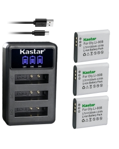 Kastar 3 Pack Battery and LCD Triple USB Charger Compatible with Olympus Tough TG-Tracker, Stylus SH-1, Stylus SH-2, Stylus SH-3, Stylus SH-50, Stylus SH-60, Stylus SP-100, Stylus SP-100 iHS Cameras
