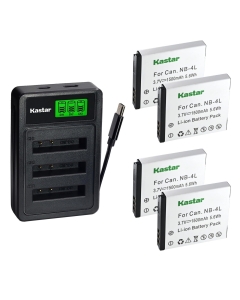 Kastar 4-Pack Battery with LZD3 USB Triple Charger Compatible with Canon NB-4L NB-4LH, PowerShot SD200 SD300 SD400 SD750 SD780 SD940 SD960 SD970 SD1100 SD1400 ELPH 100 300 330 HS Digital IXUS Cameras