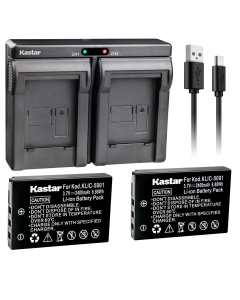Kastar 2X Battery + USB Dual Charger for Kod KLIC-5001 and Easyshare P712 P850 P880 Z730 Z760 Z7590 DX6490 DX7440 DX7590 DX7630 Sanyo DB-L50 DMX-WH1 HD1010 FH11 HD2000 VPC-WH1 HD2000 HD1010 HD1000
