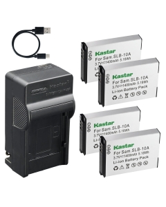 Kastar 4-Pack Battery and AC & USB-C Charger, Compatible with Samsung SLB-10A WB250F WB350F WB800F WB850F WB1000 WB1100F EX2F HMX-U10 HMX-U20 JVC GC-XA2 ADIXXION Toshiba Camileo S30 X150 G1 G2F