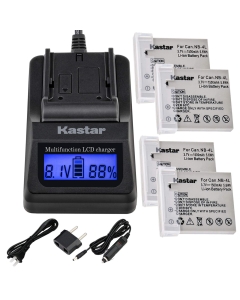 Kastar Ultra Fast Charger(3X Faster) Kit and Battery (4-Pack) for Canon NB-4L, CB-2LV and Canon PowerShot SD1000 SD1100IS SD1400IS SD200 SD30 SD300 SD400 SD430 SD600