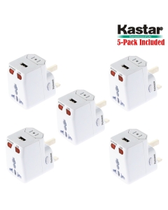 Kastar 5-Pack Safety Universal World-Wide Travel Adapter, with 1.0A USB Charging Port, All-in-one AC Power Plug for USA EU AUS UK (White Color)