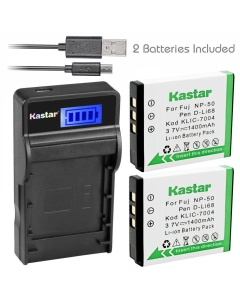 Kastar Battery (X2) & Slim LCD Charger for Kodak KLIC-7004 K7004 NP-50 D-Li68 and EasyShare M2008 V1273 V1233 V1253 Zi8 Zi12 PlayFull Dual PlaySport PlayTouch Q7 Q10 Q-S1 Ricoh WG-M2 Camera