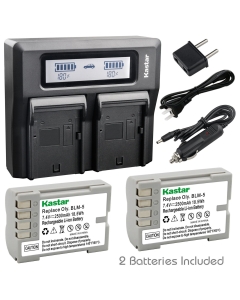 Kastar Fast Dual LCD Charger + 2X Battery for Olympus BLM-5 PS-BLM5 Battery, Olympus E-1, Olympus E-3, Olympus E-30, Olympus E-5 Digital Camera and Olympus HLD-4 Battery Grip